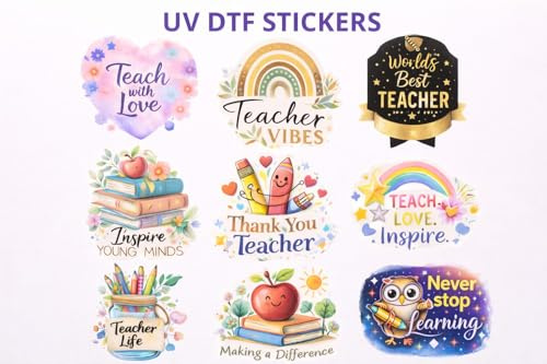 UV DTF Cup Wraps Transfer Stickers, Teacher Theme, Waterproof Decals, 2.5x2.5 Inch, Pack of 9, for Mugs and Water Bottles