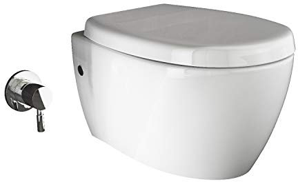 Aqua Bagno - WC Taharet, incluso sedile per WC da doccia, meccanismo Soft Close, WC sospeso con funzione bidet e sciacquone profondo, in ceramica