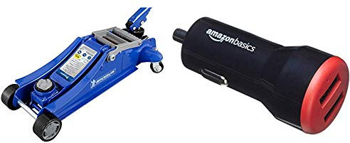 MICHELIN 92416 Cric Hydraulique Rouleur + Amazon Basics Chargeur 2 Ports USB de Voiture pour appareils Apple et Android 4,8 Amp/24 W, Noir/Rouge