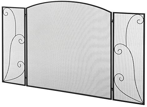 HOMCOM Biombo Chimenea de 3 Paneles Pantalla de Chimenea Plegable con Bisagras 132,5x76,5 cm ​Estructura de Acero Resistente Malla Decorativa Negro