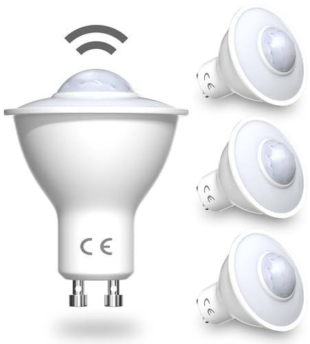 DoRight Lot de 4 Ampoules à Capteur de Lumière PIR GU10 avec Capteur D'ampoules 5W Blanc Froid 6000K Ampoule LED de Sécurité Pour Escaliers, Garages, Couloirs, Passage, Jardin