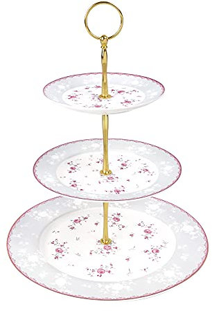 fanquare Support à Petit Gâteau en Porcelaine à 3 Niveaux, Présentoir à Fruits Rond Floral Rose, Support de Dessert pour Mariage, Anniversaire et Thé