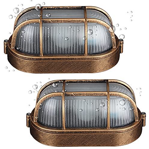 2-Pack Outdoor Oval Wall Lights, 8.3Nautical Bulkhead Sconce, Flush Mount for Wall or Ceiling, Aluminum with Frosted Glass, Vandal Resistant Security Light E26 Base, Waterproof Garage, Terrace, Sauna