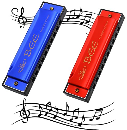 Fanshiontide 2-Piece Harmonica Set, 10-Hole, 20-Tone Blues Harmonica - Mouth Organ Key of C Diatonic, Perfect for Kids, Adults, Beginners & Performers (Red & Blue)