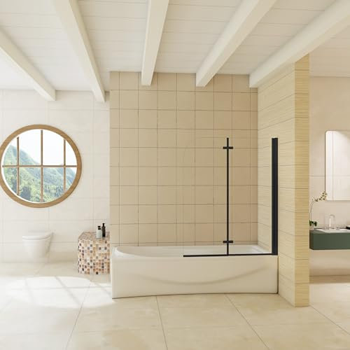 Ducha Casa Mampara de bañera plegable con bisagra 2 hojas sin marco exterior, 6mm cristal templado antical, perfil negro mate, 140x100cm