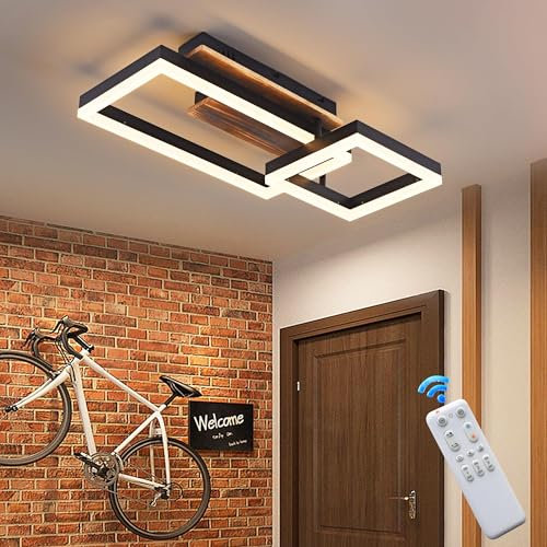 LED Deckenleuchte Holz dimmbar, Massivholz schwarz rechteckige eckige Vintage Deckenlampe, 35W 50cm 3500lm 3000K-6000K mit Fernbedienung, Schlafzimmerlampe, 3W Nachtlicht, Memory-Funktion