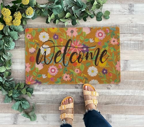 KorhLeoh Floral Welcome Mats Flower Coir Door Mat Colorful Spring Door Mat Indoor Entrance Cute Decorative Outdoor Doormats Non Slip Outside Door Mats for Front Door Rugs 17 * 30