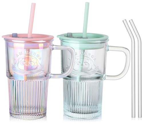 ZgoEC Trinkbecher mit Deckel und Strohhalm 2er, 420ml, Auslaufsicher Trinkglas mit Henkel, Eiskaffee Becher Cappuccino Latte Macchiato Gläser, Gläser mit Deckel und Strohhalm, Tumbler für Kaffee Tee