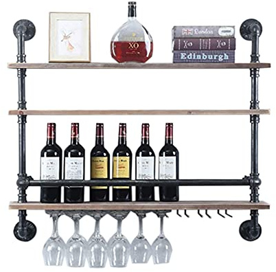 OMGGYER Industriellt rörställ Vinregal Väggställ, 3-vånings vinregal Metall Barregal Vägghängande vinflaskhållare med glasregale med fot för kök, matsal, bar, vardagsrum (92x20x89cm)