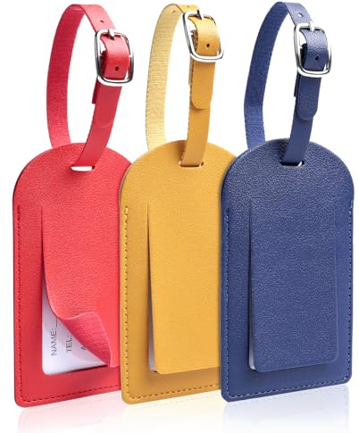 AiQInu Lot de 3 Etiquette Valise en PU, Étiquette Bagage avec Boucle Réglable, Porte Etiquette Valise Cuir Inscriptible Nom Adresse, Luggage Tag pour Voyage Avion