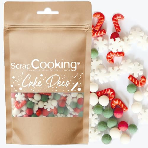 ScrapCooking - Décors Sucrés Noël 42 g - Flocons, Perles Rouges, Vertes & Blanches, Sucres d’Orge - Sprinkles Pâtisserie Comestibles - Décorations en Sucre pour Gâteaux, Bûches, Cupcakes - 7532