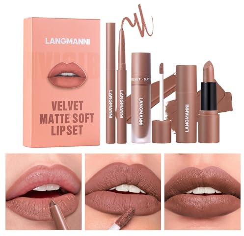 Set de 3 labiales líquidos mate y delineadores: todo en uno, brillo de labios nude aterciopelado, lápiz labial y delineador, maquillaje resistente al agua (# 03)