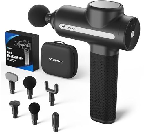 MERACH Pro-Grade Massage Gun, Quiet Massage Gun Deep Tissues, 12MM Percussion Massager Tools for Muscles/Shoulders/Legs/Body Pain Relief, Handheld Massager with 6 Heads & 5 Speeds, Gift for Him