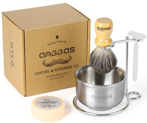 Anbbas Pennello da barba in tasso con manico in legno, rasoio in acciaio inox e supporto per pennello, ciotola da barba con saponetta da barba, set 4 in 1, per rasatura bagnata