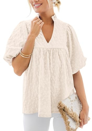 MASCOMODA Womens Summer Tops 2026 Ruffle V Neck Blouses Loose Puff Short Sleeve Jacquard Babydoll Tops Casual Dressy T-Shirts(Apricot,Large)