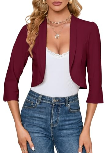 MODIURBAN Blazer Boléro court business blazer manches 3/4 boléro ouvert devant (emballage réutilisable), rouge bordeaux, XL