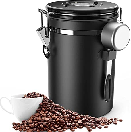 Swiixxer 500 G lufttät kaffeburk bönor, 1,8 l bönbehållare, vakuumlåda med sked förvaringsburk för kaffepulver, te, kakao
