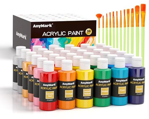 AnyMark Set de Pintura Acrílica, 36 Colores Clásicos con 12 Pinceles, Botellas de 60 ml, Kit de Arte para Lienzo, Piedra y Madera