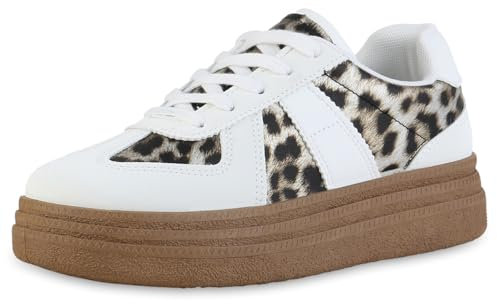 VAN HILL Damen Plateau Sneaker Plateau Basic Trendy Schuhe 216669 Weiss Leo 38