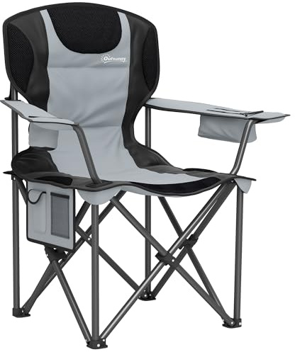 Outsunny Chaise Pliante Camping, Chaise de Pêche Rembourrée, Accoudoirs Réglables, Porte-Gobelets, Poches Latérales et Sac de Refroidissement, Fauteuil Pliant pour Randonnée, Pêche et Pique-Nique
