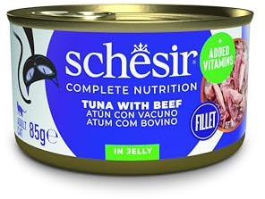 Schesir Kalvkött tonfisk i gelé, våt kattmat, i burkar, 100% naturlig, med tillsatta vitaminer, 12 x 85 g