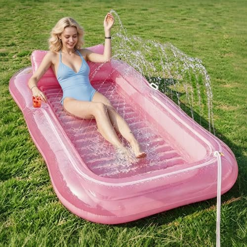 Balakaka Matelas Gonflable Adultes 208×130cm, 4 en 1 Hamac Flottant avec Dossier Tanning Pool avec Porte-Boisson, Design de Pulvérisation d'eau, pour Fêtes de Plage, Rose Transparent