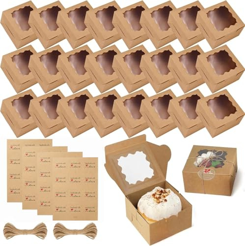 Kraftpapper presentlådor set, 24 stycken, med PVC-fönster, tätningspapper och rep, för cupcakes, smycken, godis