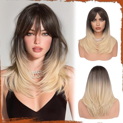 Sofeiyan Pelucas Mujer pelo Natural con Flequillo, 40 cm Rubio Ombré Marrón Sintético Resistente al Calor Peluca Largas Rectas,Cabello Layered para Fiestas Diarias y Cosplay