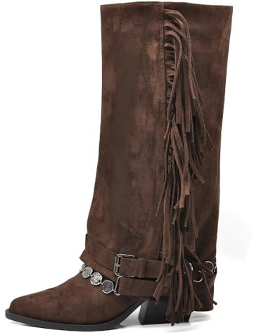 IF Stivali Texani da Donna Cowboy Cowgirl in Camoscio Sintetico con Frange Catene e Fibbie Stile Camperos boho con Ghetta GA057 Marrone N.39