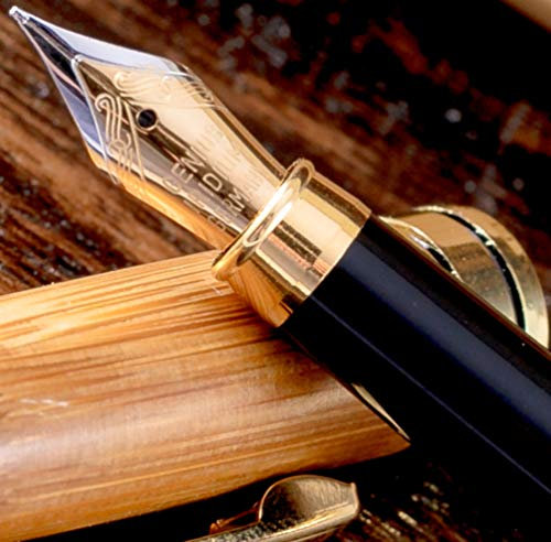 MONAGGIO Bamboo Fountain Pen made of Luxury Wood with Refillable Converter, Wooden Case Set and Fine Nib Point. Works Smoothly with Disposable Cartridges. Fine Calligraphy Pen