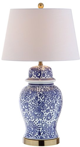 JONATHAN Y 29.5 Blue/White Ceramic Table Lamp for Living Room and Office, White Linen Drum Shade, Traditional Chinoiserie Ginger Jar Lamp, LED Bulb Included JYL3008A