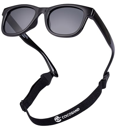 COCOSAND Lunettes de soleil pour bébé avec sangle flexible carrée Protection UV400 pour tout-petits garçons filles âge 0-24 mois, Noir, XS