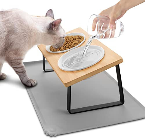 Lannvan Katzennapf Erhöht - Futternapf Katze aus Keramik mit Napfunterlage Silikon - 15° gekippte Ergonomischer Futterstation Katzen Hundenapf - 350ml Fressnapf und Wassernapf für kleine Hunde