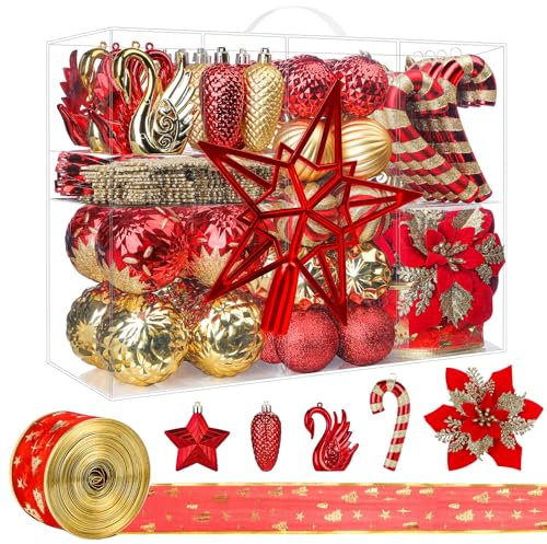 Alupssuc 128 Teiliges Weihnachtskugel-Ornament-Set, Bruchsichere Christbaumschmuckkugeln, Weihnachtsblumen, Hochzeitsfeiern mit Haken, Rot & Gold