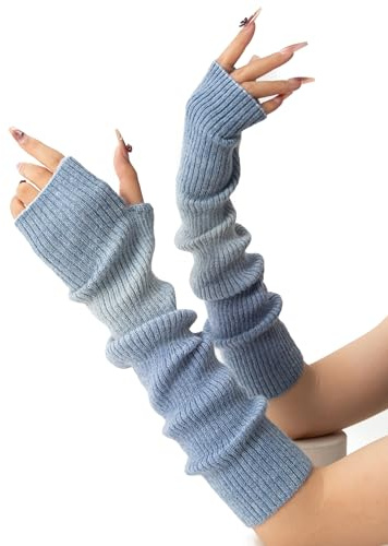 F Flammi Women's Cashmere Blend Arm Warmers, Extended Long Knit Wrist Warmers with Thumb Hole for Cold Office, Typing & Outdoor Activities Tie Dye-Light Blue,42cm