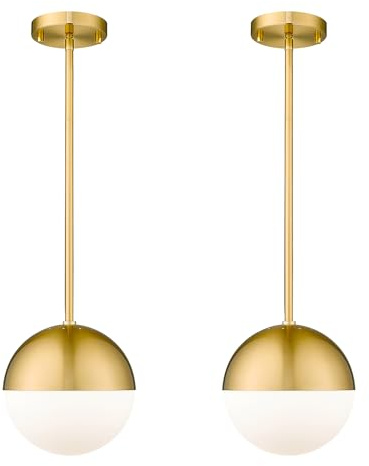 LMS 2-Pack Brushed Gold Pendant Lights, Modern Pendant Light with Milky Globe Glass Shade, Adjustable Hanging Lighting Rod for Kitchen Island Dining Room Bedroom, LMS-186BG2PK