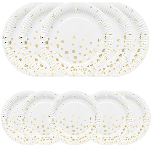 HNH Set di Piatti di carta, Bianco con lamina d'oro 50 pezzi Piatti da cena 23cm con Piatti da dessert 18cm usa e getta per feste