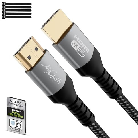 Mygatti Certificato Cavo HDMI 2.1 8k 3 Metri,Ultra Alta Velocità 48Gbps,nylon intrecciato,48 Gbps,supporta 8K@60Hz,4K@120Hz,eARC,HDR,HDCP 2.2/2.3,per laptop,monitor,switch,PS5/PS4,UHD TV+5 fascette