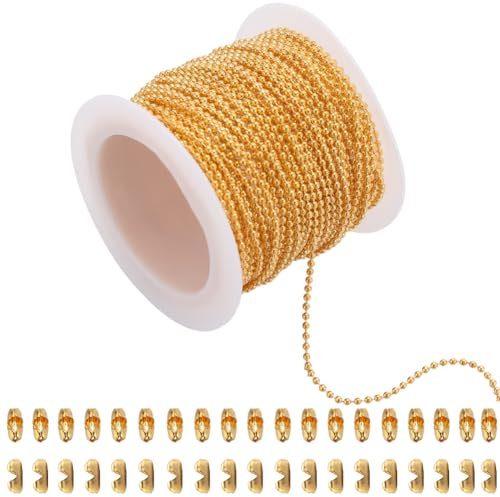 SUNNYCLUE 50 pièces 33 pieds/10 m 1.5 mm Chaînes D'Étiquette de Chien Chaîne de Perles de Boule D'Or Rouleau en Vrac Métal Laiton Doré Clé D'Extension Connecteurs Assortis avec Fermoirs à Billes Chaîn