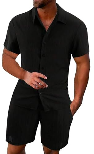 2 Teiler Herren Leinenanzug Einfarbig Zweiteiler Kurz Button-Up Revers Hemd und Shorts Beach Shirt Kurze Hose Set Strand Festival Klamotten Herren Leinen Anzug Leicht Mode Leinen Set