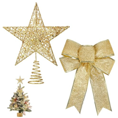 AYNKH Étoile Dorée Pailletée pour Sapin de Noël - Mini Décoration avec Noeud pour Le Sommet - Métal - 20cm/4.7Inch