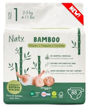 Naty Bamboo - Pañales de viscosa de bambú – suavidad sedosa, pañales de origen vegetal, dermatológicamente testados para piel sensible y súper absorbentes (talla 1, 88 unidades)