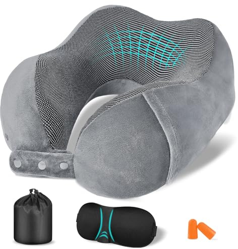Jiancrate Cuscino da Viaggio Memory Foam, Cuscino Aereo Collo Regolabile e Portatile, Cuscino Cervicale da Viaggio, Federa lavabile, Schiena Piatta, Accessori Viaggio Aereo, Grigio