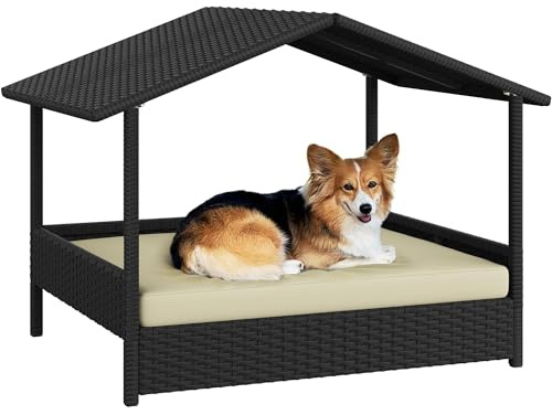Yaheetech Wicker Raised Dog Bed With Canopy, Removable Cushion, Black/Beige