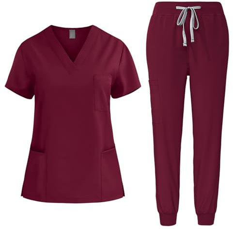 RLEHJN Scrubs Uniforms Women Set V Neck Short Sleeve Tunic Scrub Tops and Sweatpants with Pockets Plian Nursing Work Suits Clothing Nurse Workwear for Beauty Center Cosmetology SPA Size 8-16