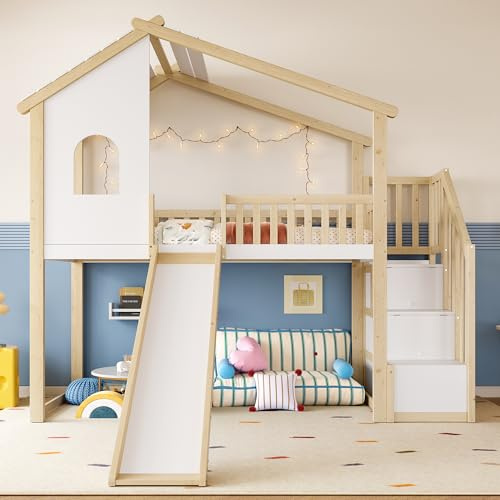 YuQozii Cama alta, 90 x 200 cm, barandilla, escalera de almacenamiento, ventana, tobogán, rejilla para casa, color natural + blanco, cuna infantil