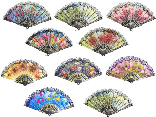YOKIND 10 Pack Vintage Spanish Floral Folding Hand Fan Sequin Fabric Folding Handheld Hand Fan, Random Color