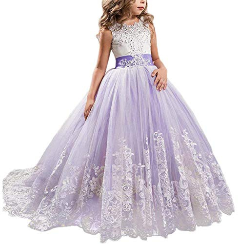 TTYAOVO Girls Floor Length Lace Princess Dress Girl Party Wedding Bridesmaid Dress Layered Puffy Tulle Dresses