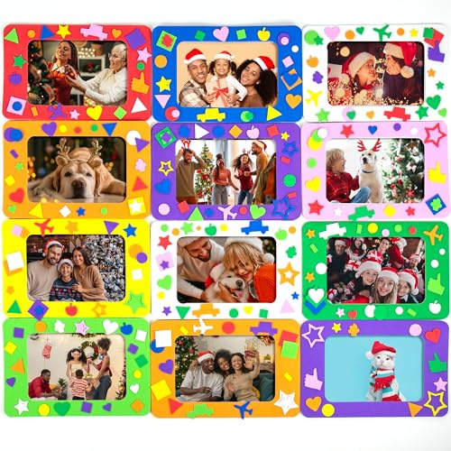 Horizon Group USA DIY Foam Picture Frame Craft Kit, 12-Pack of 4x6-Inch Colorful Picture Frames with 500+ Punch Out Stickers & Easels, Back to School Arts & Craft Activity, Perfect for Projects