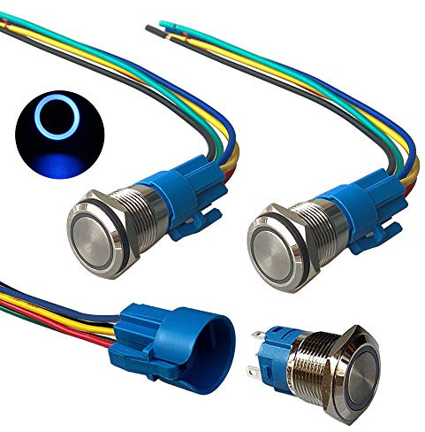 QitinDasen 3Pcs Premium 12V / 24V 5A Interruttore a Pulsante Momentaneo, 19mm Interruttore a Pulsante in Metallo con LED Blu, Interruttore Avviamento Auto in Acciaio Inossidabile impermeabile